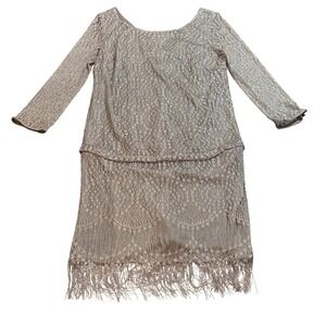 S.L. Fashions Vintage Metallic Lace Dress Fringe Beaded Flapper Style Size 12